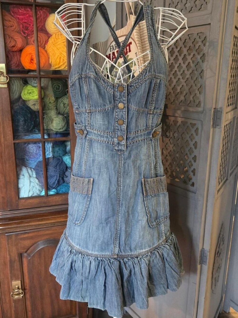 Karen Millen Blue Denim Midi Dress with Ruffle Hem